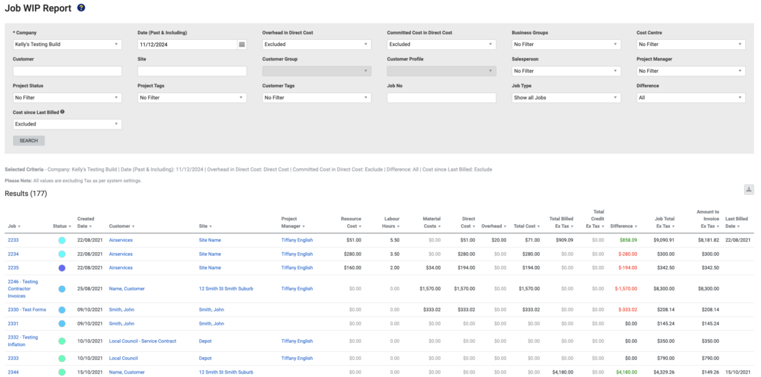 Simpro's Job WIP Report which displays open jobs and infomration about them